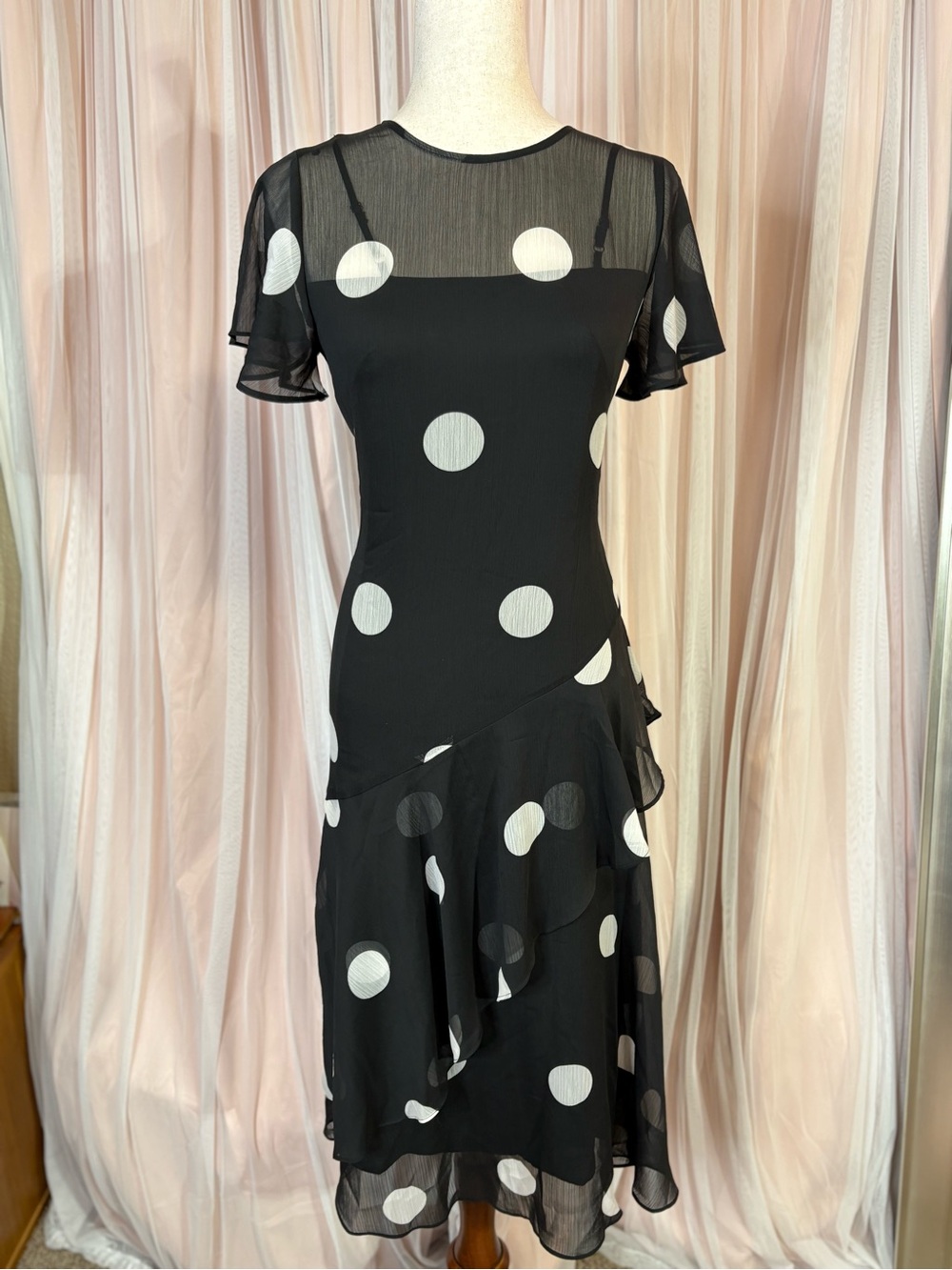 Y2K Loft Black Polka Dot Sheer Yoke Ruffle Dress